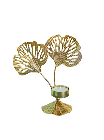 Elegant Golden Leaf Candle Holder (With Candle) (19x9 Cm).