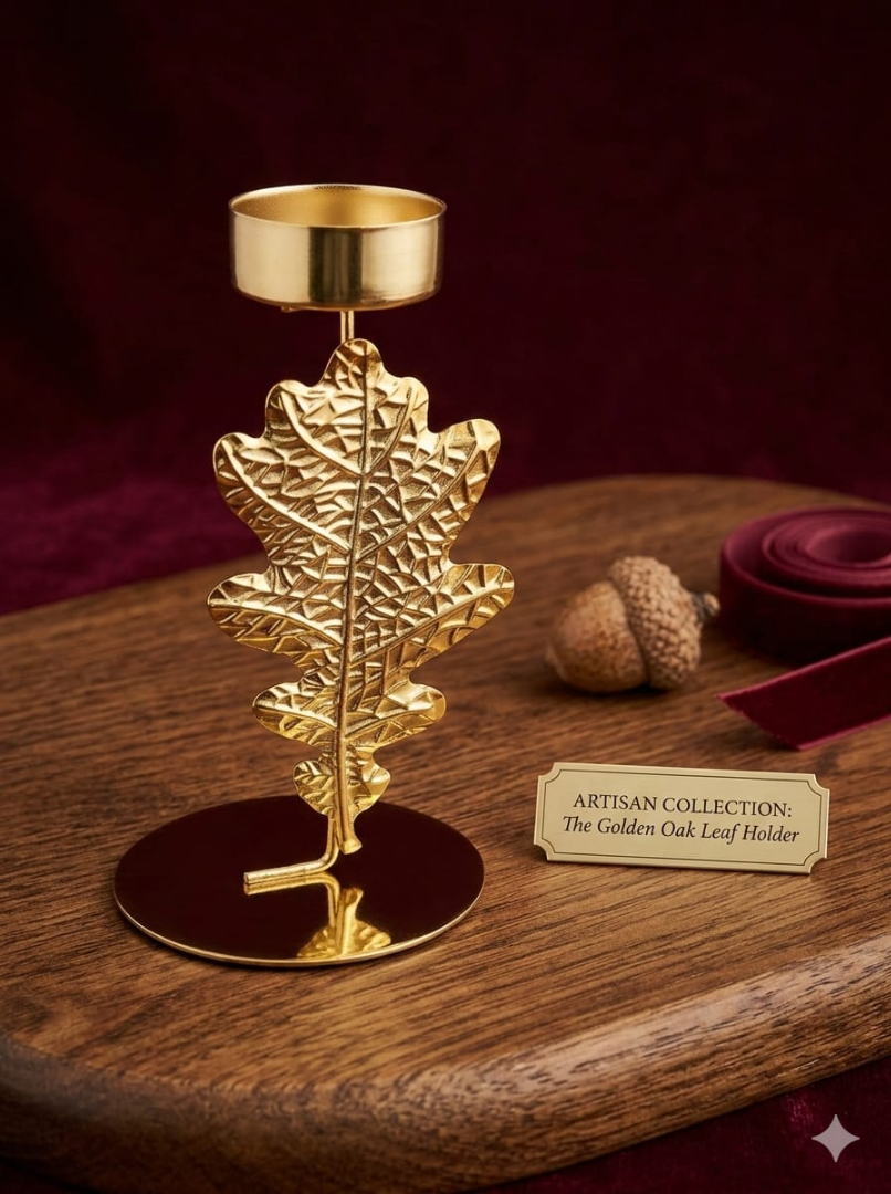Elegant Gold Oak Leaf Tealight Holder (With Candle) (13×8 Cm).
