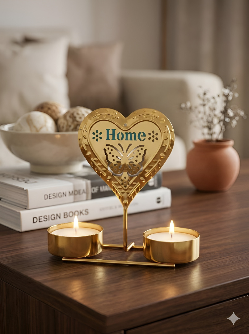 Elegant Gold Heart Tea Light Candle Holder - Double Votive Stand with Butterfly Cut-out & "Home" Inscription (With Candle) (11cm x 10cm).