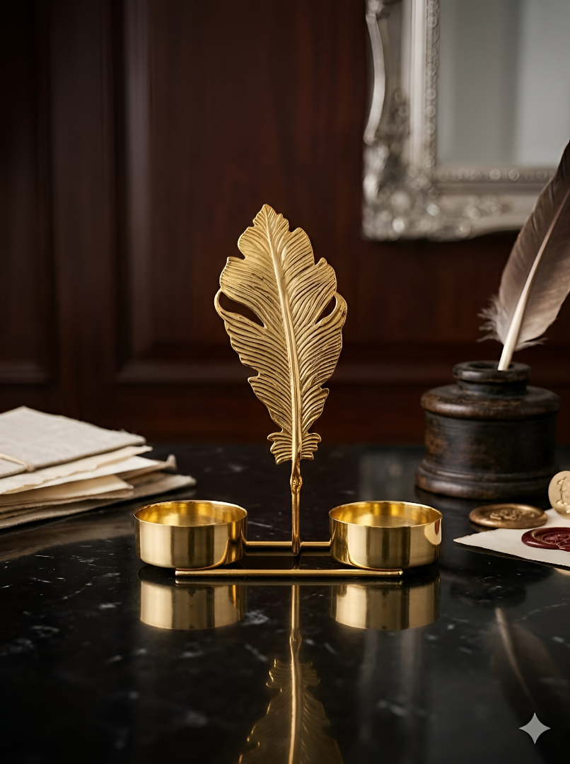 Golden Feather Dual T-Light Candle Holder – Elegant Metal Tea Light Stand for Home Decor, Gifting & Diwali (With Candle) (12cm x 10cm)