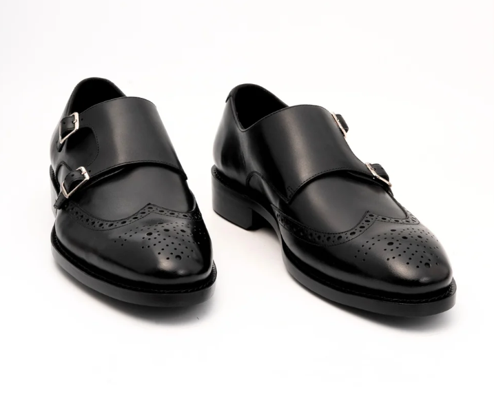 Hand-Welted Black Wingtip Double Monks