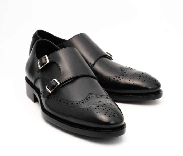 Hand-Welted Black Wingtip Double Monks — view 4
