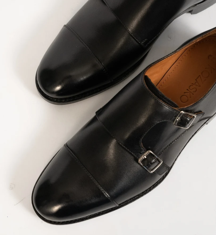 Hand-Welted Black Double Monk Strap shoe — view 3
