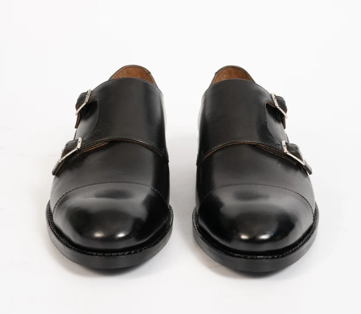 Hand-Welted Black Double Monk Strap shoe — view 4