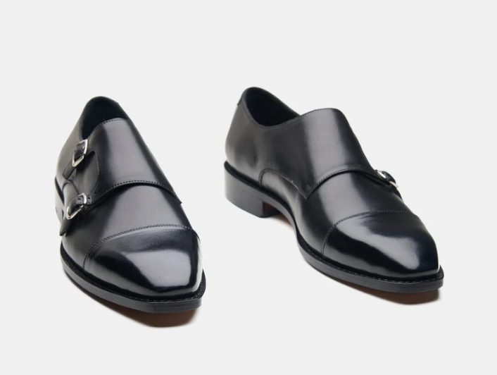 Hand Welted Chisel Cap Toe Black Double Strap Monk