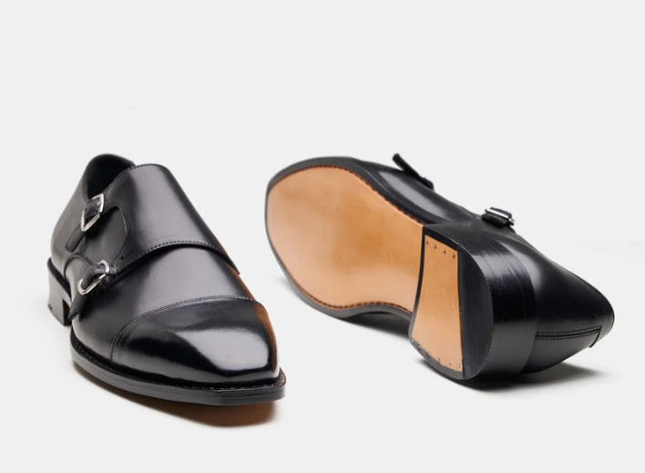 Hand Welted Chisel Cap Toe Black Double Strap Monk — view 3