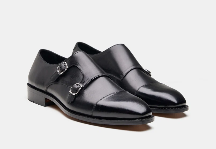 Hand Welted Chisel Cap Toe Black Double Strap Monk — view 4