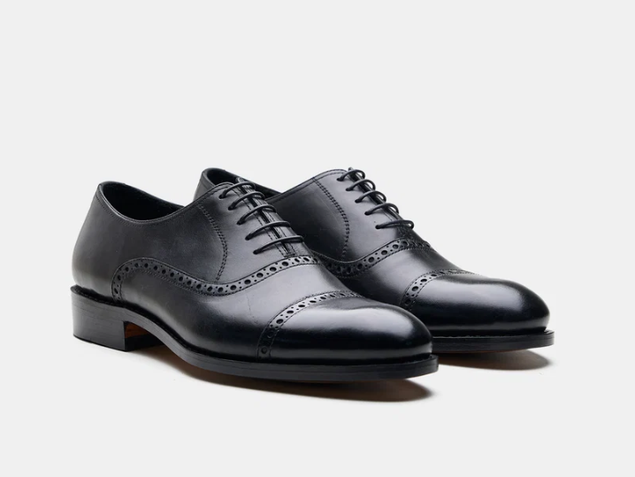 Hand Welted Black Semi Brogue Captoe Oxfords