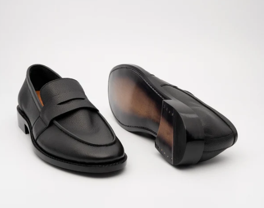 Hand-Welted Unlined Black Milled Leather Penny Loafer — view 3