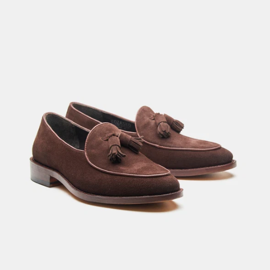Hand Welted Brown Groupo Mastrotto Suede Belgian Tassel Loafer — view 3