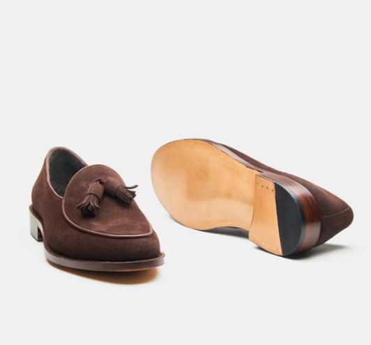 Hand Welted Brown Groupo Mastrotto Suede Belgian Tassel Loafer — view 4