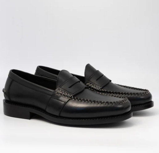 HandWelted Black Leather Slip-Ons