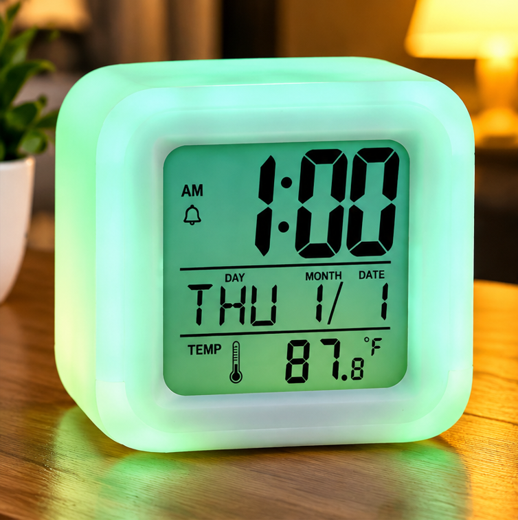 7-Color Changing LED Digital Alarm Clock with Temperature & Date Display
